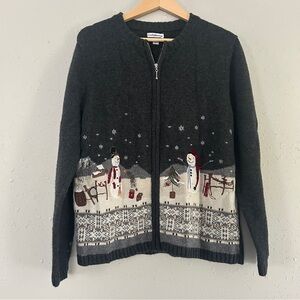 Croft & Barrow Gray Knit Cardigan Ugly Christmas Sweater Snowmen Winter Holiday